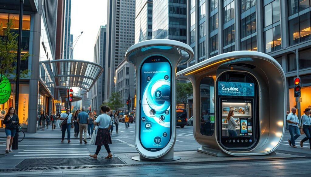 Intricate urban kiosks adorned with sleek, futuristic designs, seamlessly blending modern technology and sustainable materials. A striking centerpiece in the bustling cityscape, these innovative street installations captivate passersby with their intuitive interfaces and versatile functionalities. Subtle lighting casts a warm glow, highlighting the smooth curves and avant-garde silhouettes that redefine the traditional concept of public infrastructure. Meticulously crafted from a harmonious palette of recycled metals, tempered glass, and renewable composites, these cutting-edge urban beacons exemplify the city's commitment to sustainable urban development and technological progress.