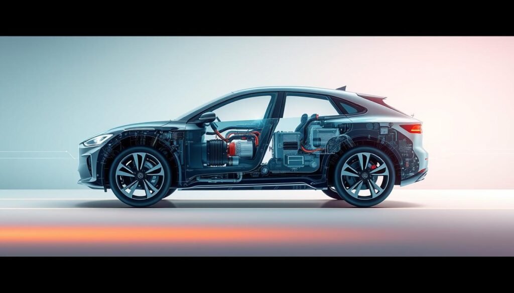 Prompt A detailed and visually captivating rendering of a car battery's internal components and management system. The image should depict the battery's cells, circuitry, and cooling mechanisms in a cross-sectional view, showcased in a clean, technical style reminiscent of engineering schematics. The foreground should highlight the battery's key elements, while the middle ground showcases its interconnected systems. The background should convey a sense of technological sophistication, with subtle gradients and minimalist design elements. The overall composition should emphasize the importance of proper battery management in maintaining the efficiency and longevity of an electric vehicle. Prompt A detailed and visually captivating rendering of a car battery's internal components and management system. The image should depict the battery's cells, circuitry, and cooling mechanisms in a cross-sectional view, showcased in a clean, technical style reminiscent of engineering schematics. The foreground should highlight the battery's key elements, while the middle ground showcases its interconnected systems. The background should convey a sense of technological sophistication, with subtle gradients and minimalist design elements. The overall composition should emphasize the importance of proper battery management in maintaining the efficiency and longevity of an electric vehicle.