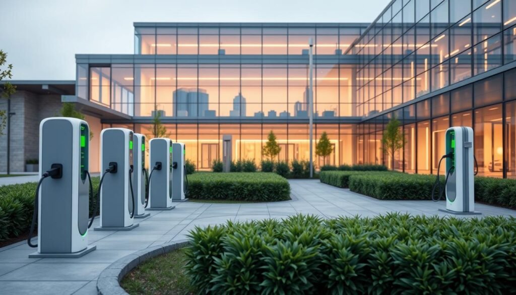 a highly detailed, photorealistic image of a "réseau de recharge" for electric vehicles, set against a clean, modern architectural backdrop. The foreground depicts several electric vehicle charging stations, with sleek, minimalist designs in shades of grey and white. The middle ground features a well-manicured landscape with lush greenery and a paved walkway leading to the charging stations. The background showcases a contemporary glass and steel building, bathed in warm, diffused lighting that creates a welcoming and efficient atmosphere. The overall scene conveys a sense of sustainable mobility and the growing integration of electric vehicle infrastructure into urban environments.