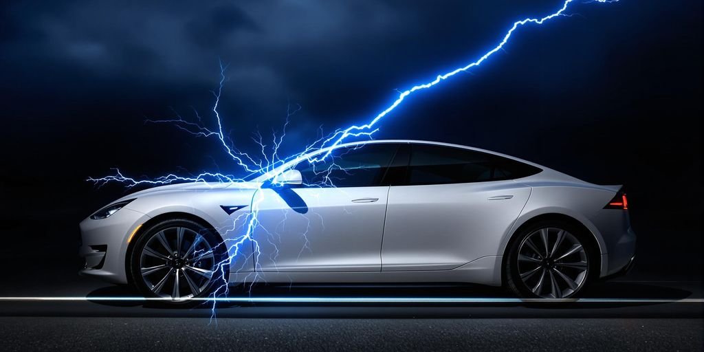 Éclair strucking electric car.