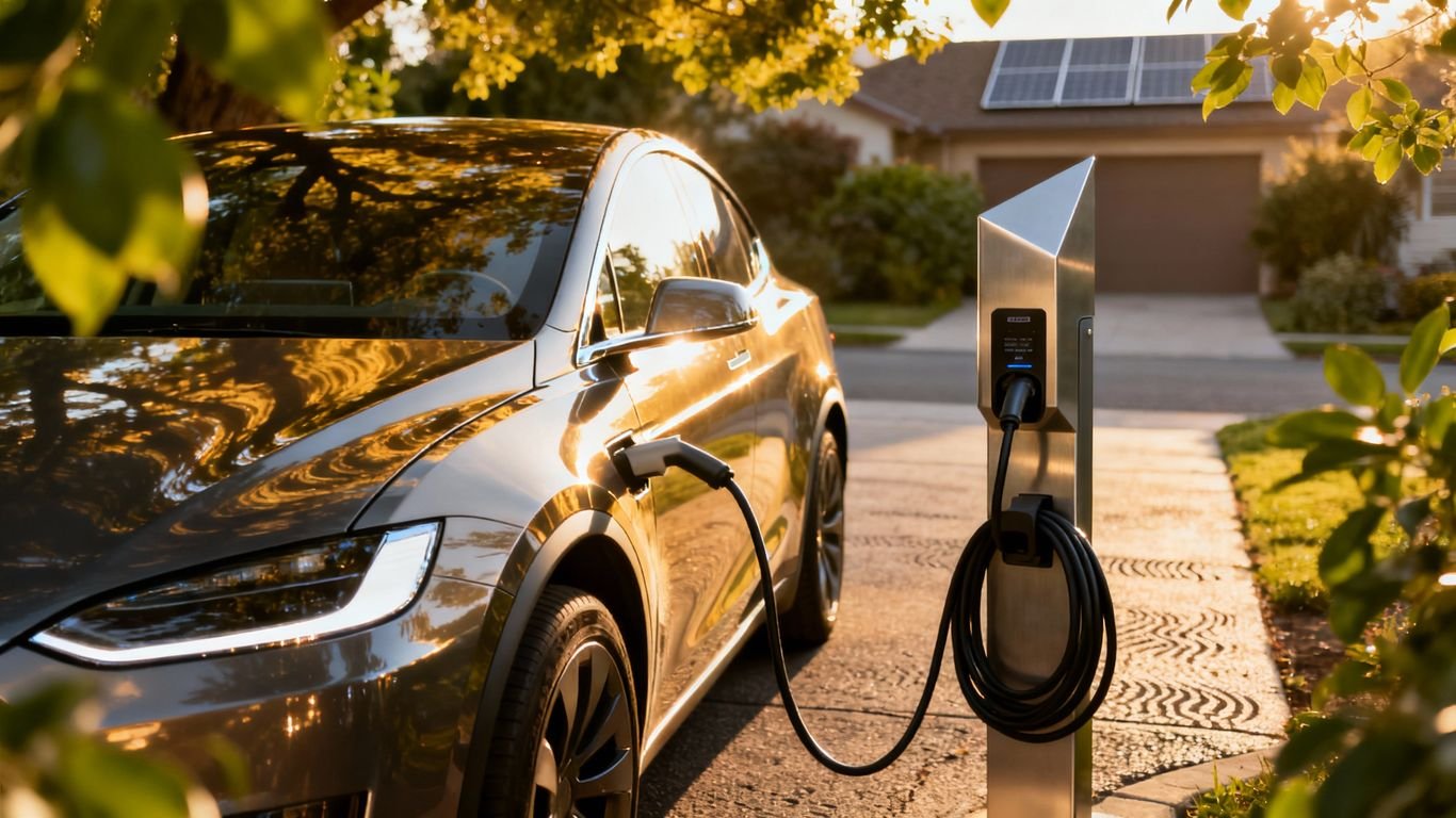Voiture électrique branchée à une borne de recharge domestique.