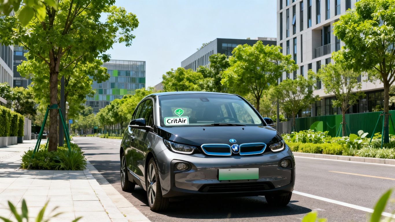 Voiture électrique moderne avec vignette Crit'Air en ville