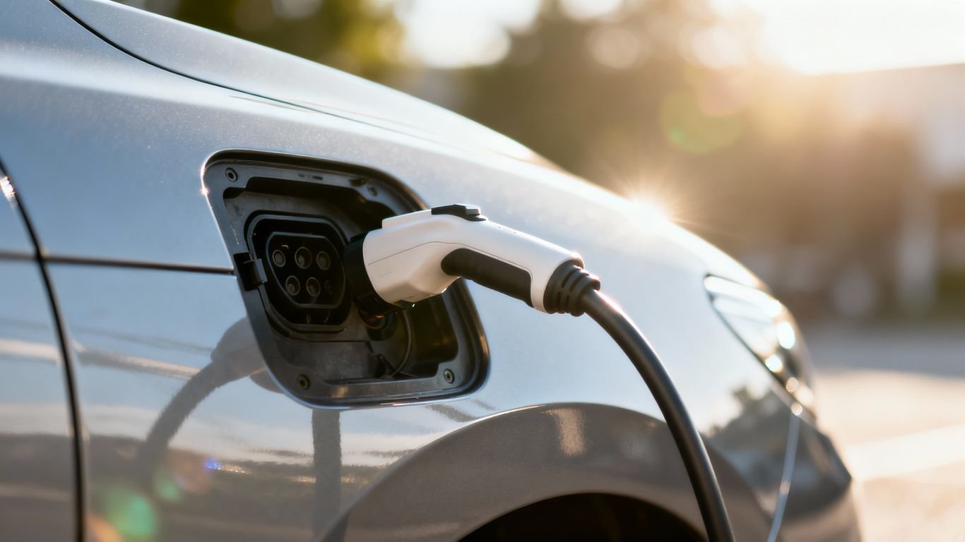 Voiture électrique en charge, câble branché, optimisation batterie.