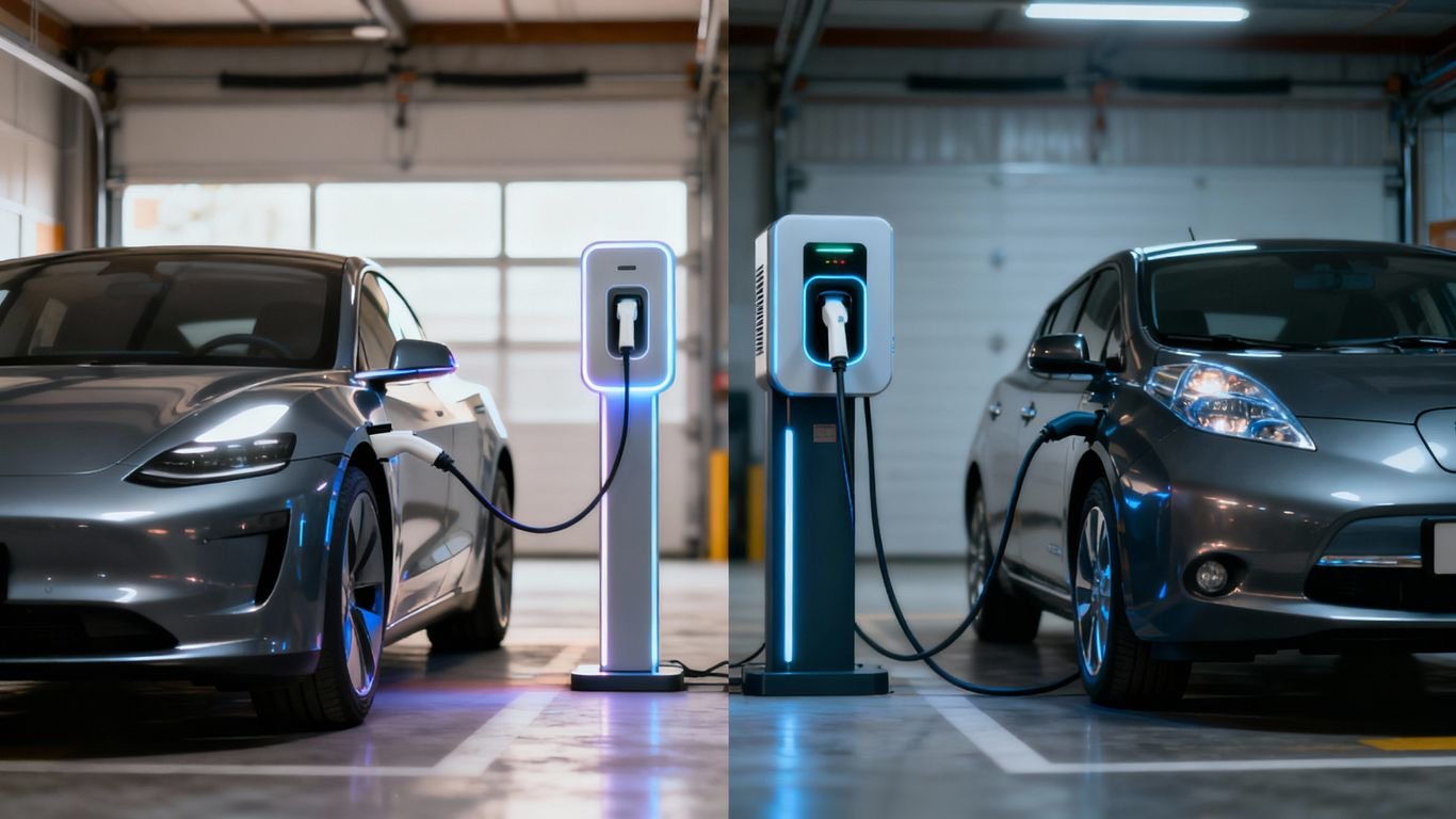 Voiture électrique branchée à une borne de recharge.