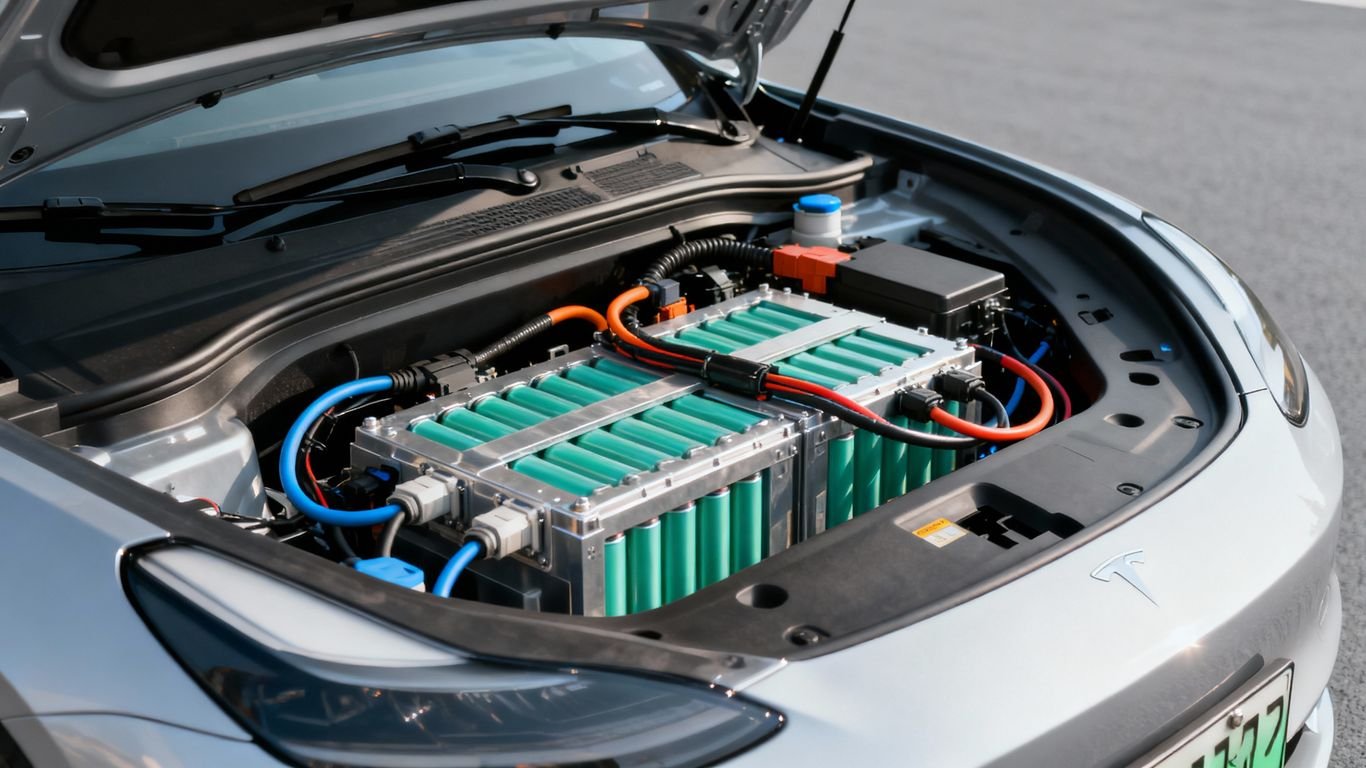 Batterie lithium d’une voiture électrique sous le capot.