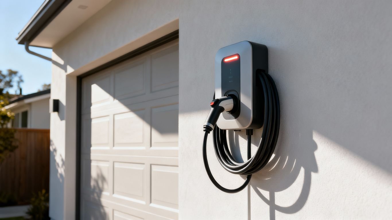 Borne de recharge électrique à domicile, installation murale extérieure.
