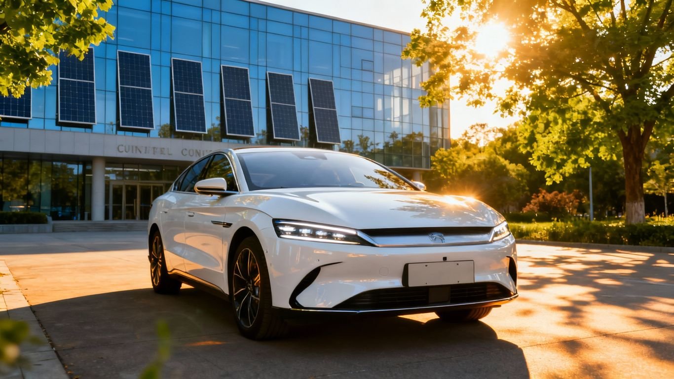 Voiture électrique devant une collectivité, symbolisant la transition écologique.