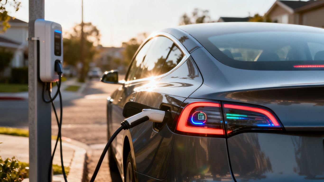 Voiture électrique en charge, borne de recharge, tableau de bord.
