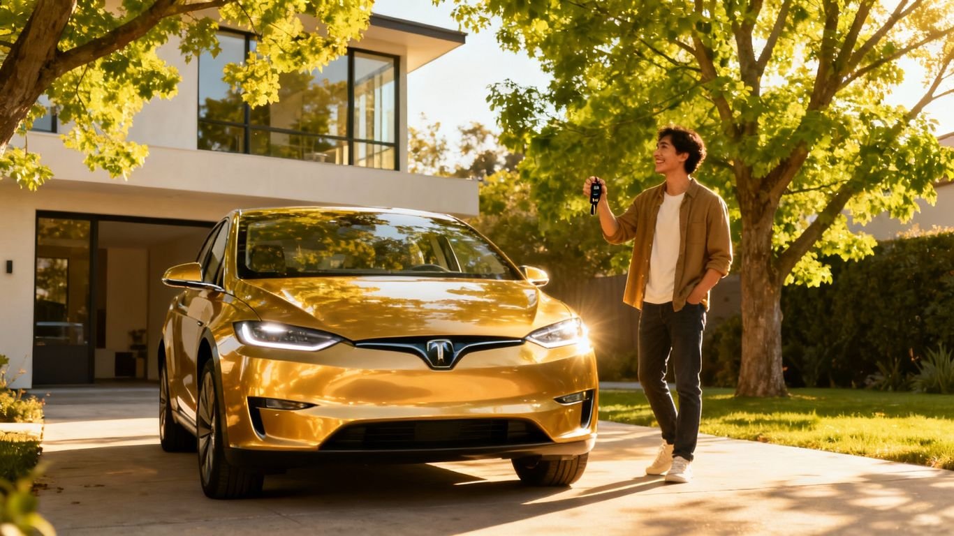Voiture électrique neuve avec clés dans une allée ensoleillée.