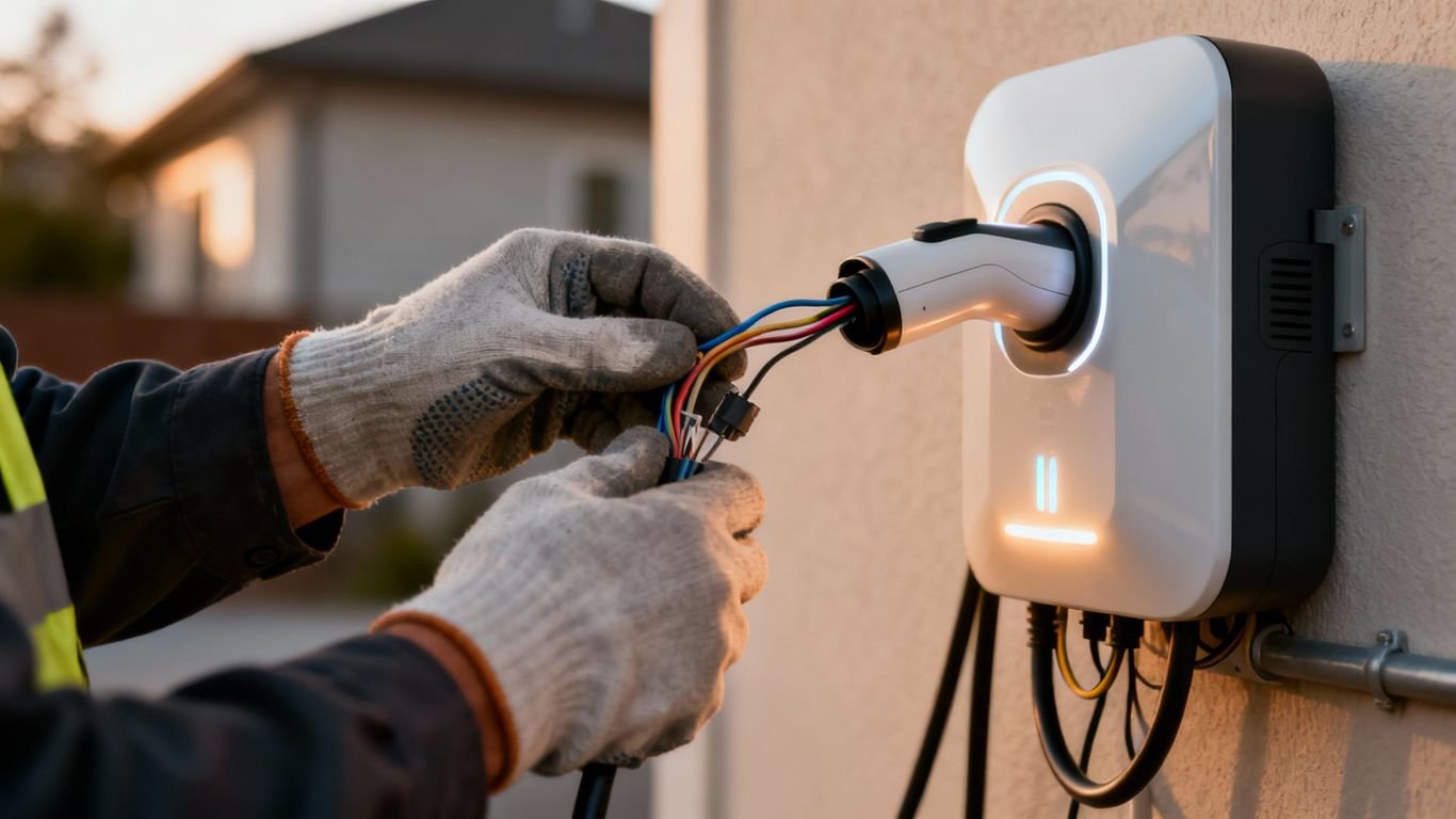 Installation borne de recharge électrique par un technicien certifié.