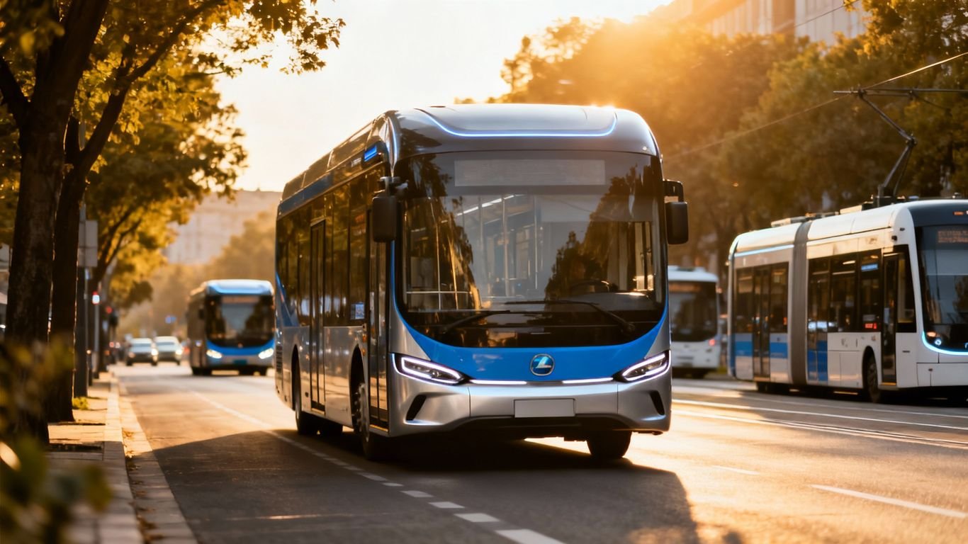 Bus électrique moderne dans une rue de ville ensoleillée.