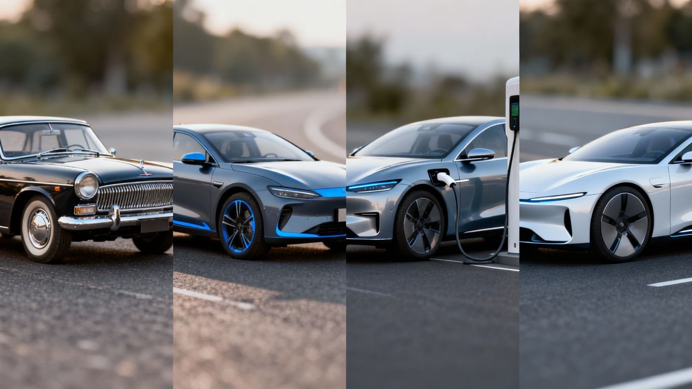 Voitures thermiques, hybrides, électriques et à hydrogène côte à côte.