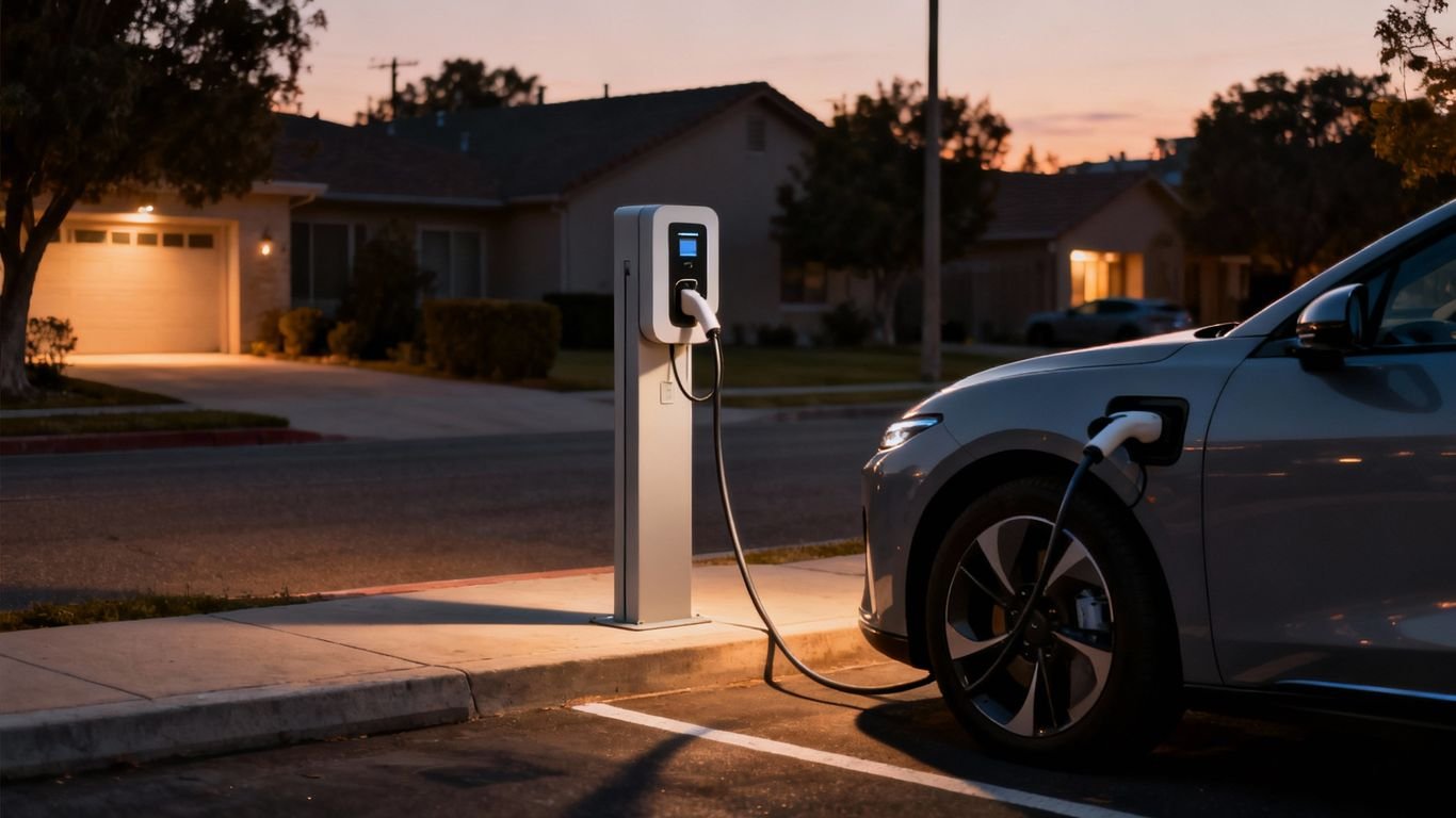 Voiture électrique en charge dans une station silencieuse.