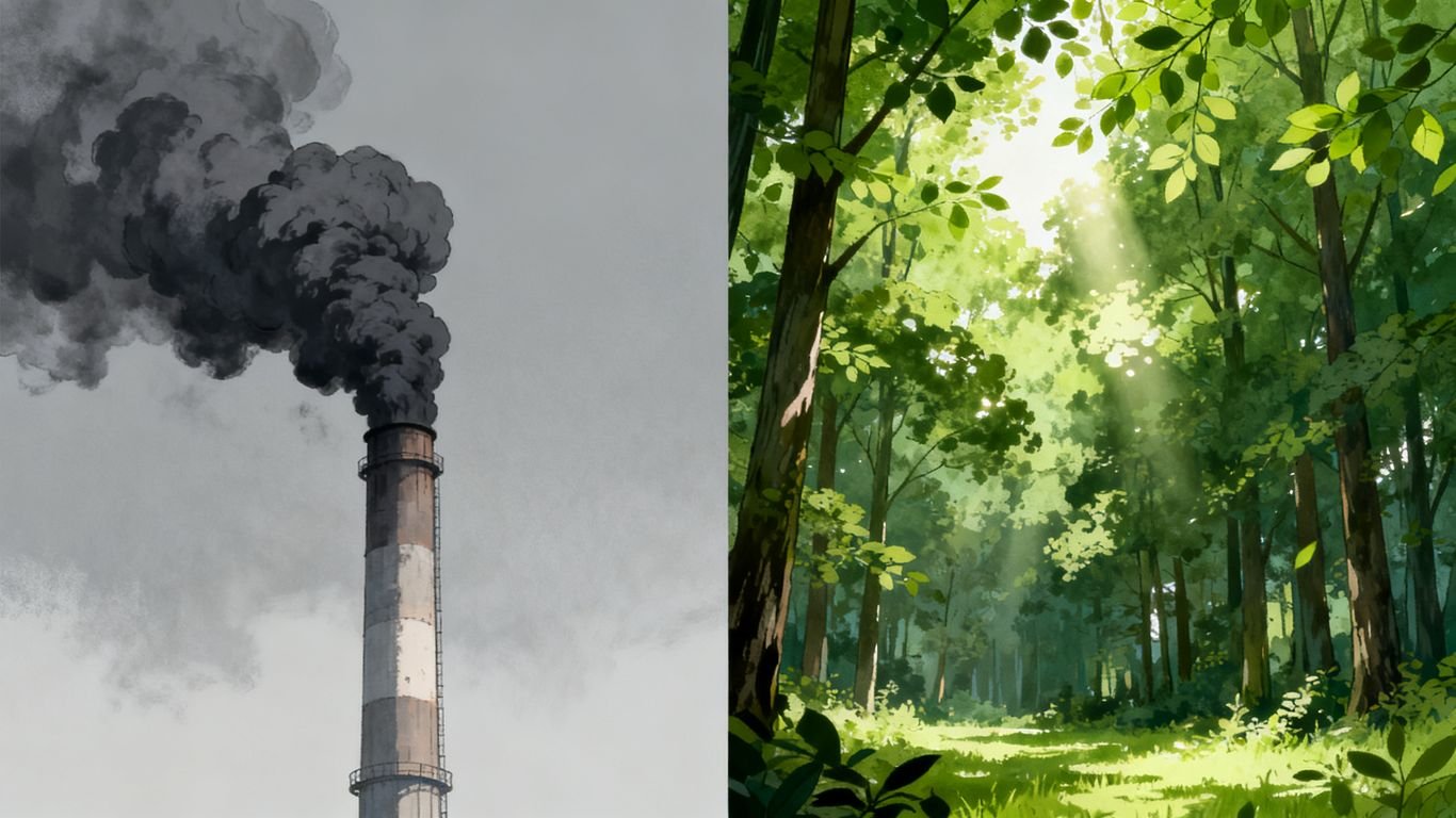 Usine polluante et forêt verte, symbole de réduction d'impact.