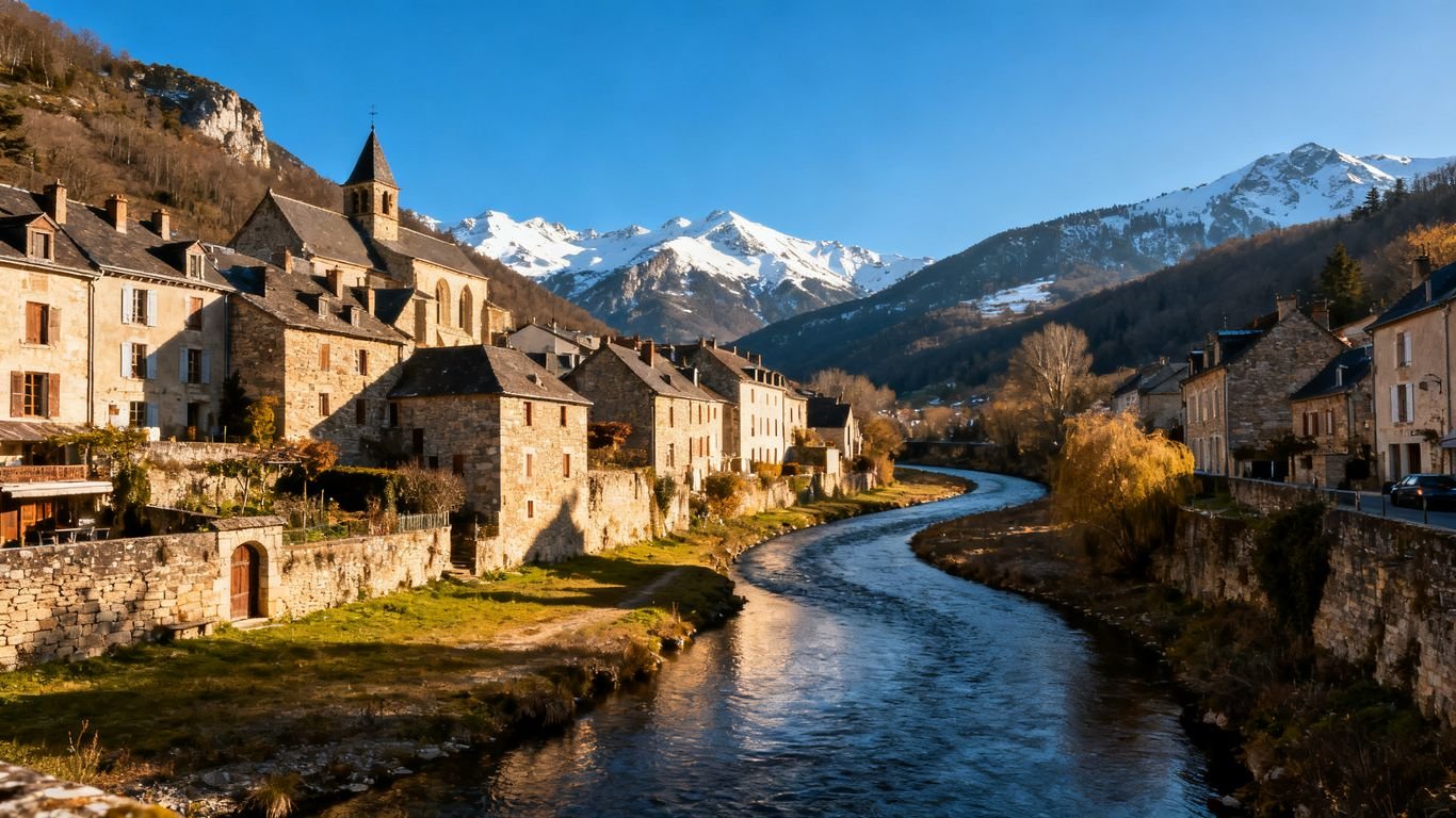 Paysage d'Aurillac avec montagnes enneigées et rivière.