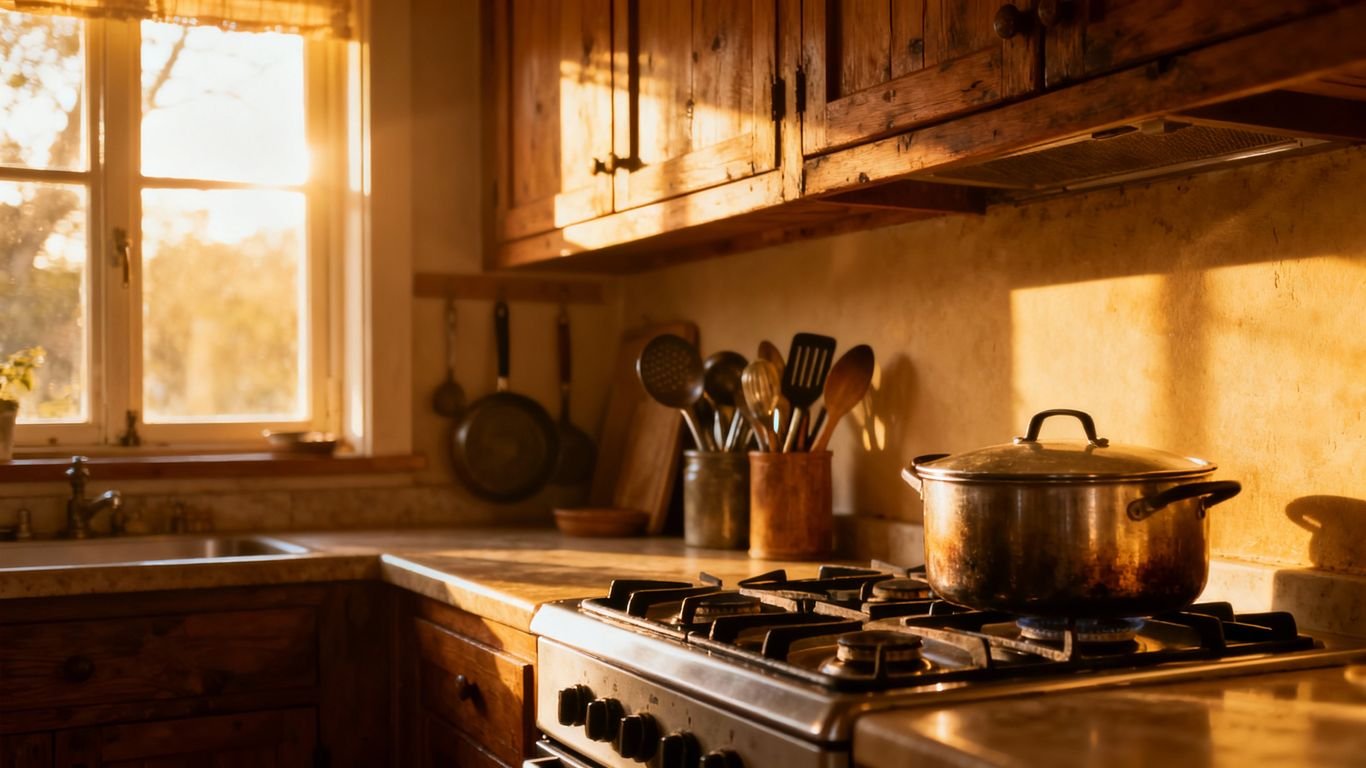 Cuisine avec une cuisinière à gaz allumée.