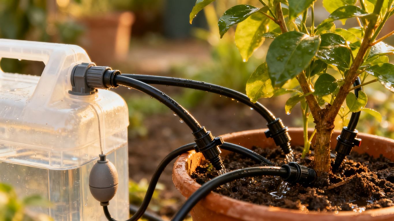 Système d'arrosage autonome fait maison avec tuyaux et goutteurs.