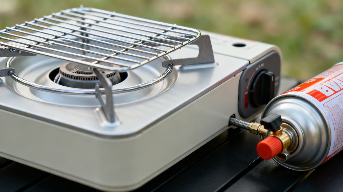Poêle à gaz avec bouteille, prêt à l'emploi.