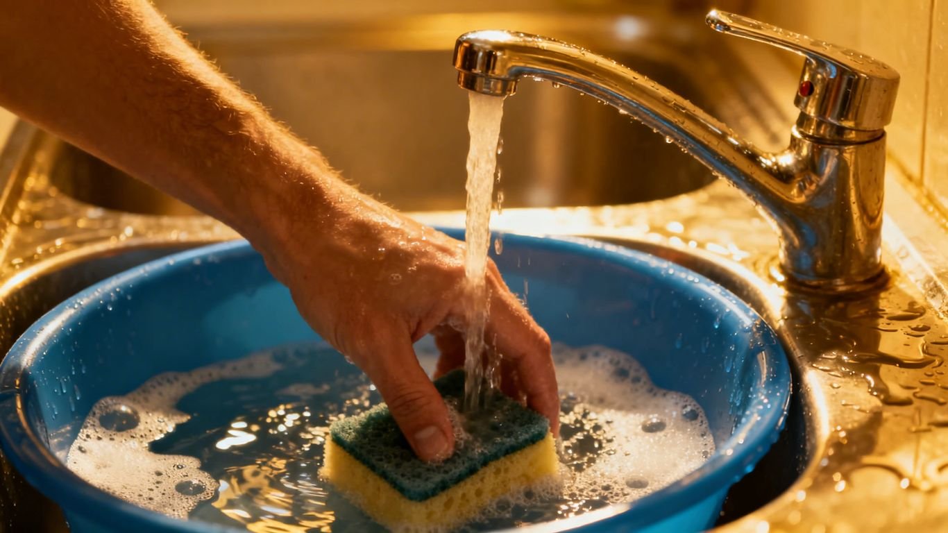 Main, eau chaude, mitigeur, bassine pour vaisselle.