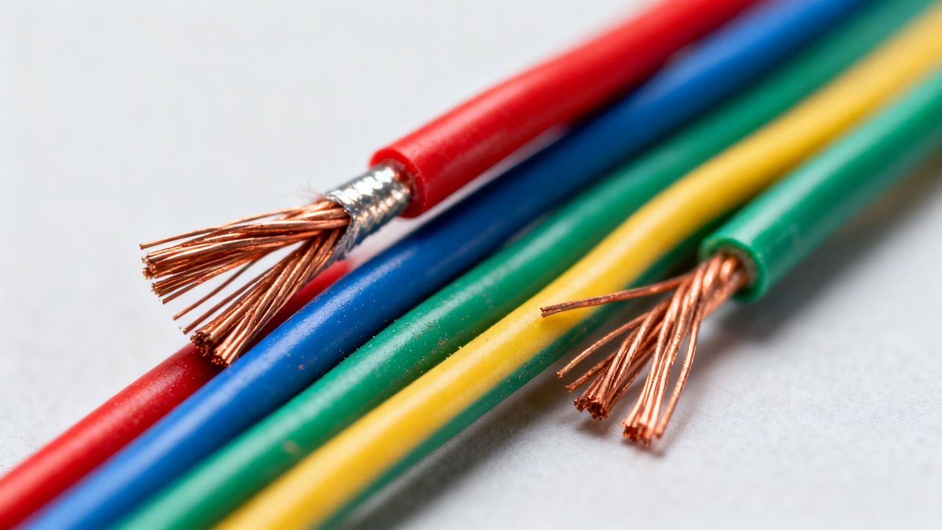 Fils électriques de différentes couleurs connectés.