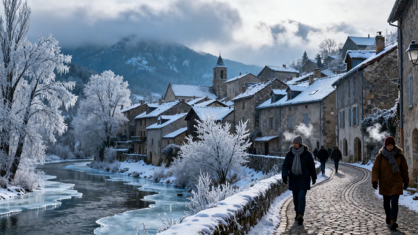Aurillac et Mouthe sous la neige avec ambiance hivernale.