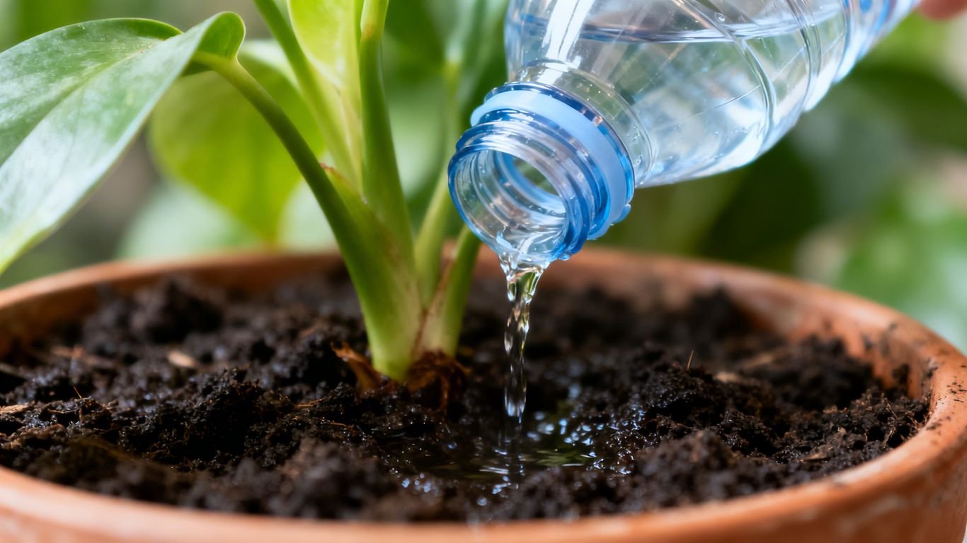 Bouteille d'eau inversée arrosant une plante en pot.