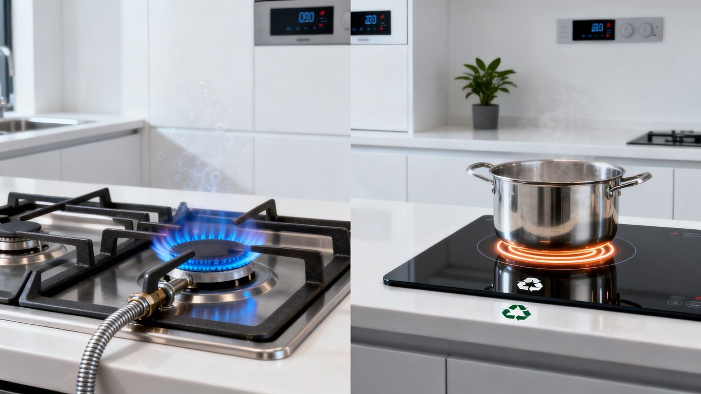 Flamme de gaz et plaque à induction chauffant une casserole.