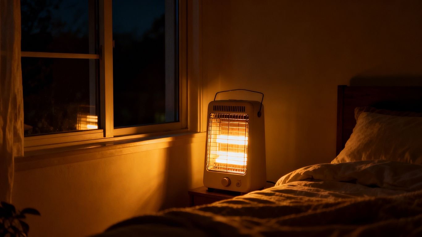 Radiateur d'appoint allumé dans une chambre sombre la nuit.
