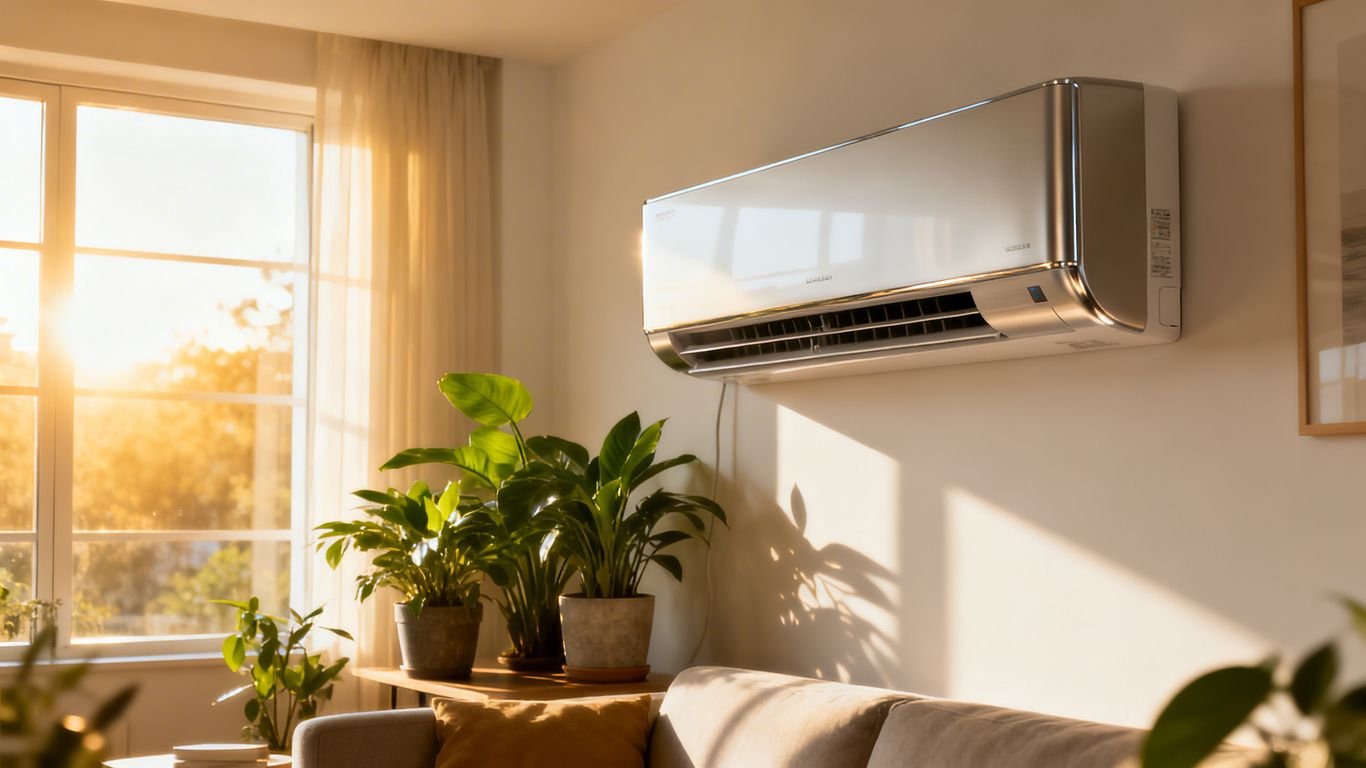 Climatisation moderne dans un salon lumineux.