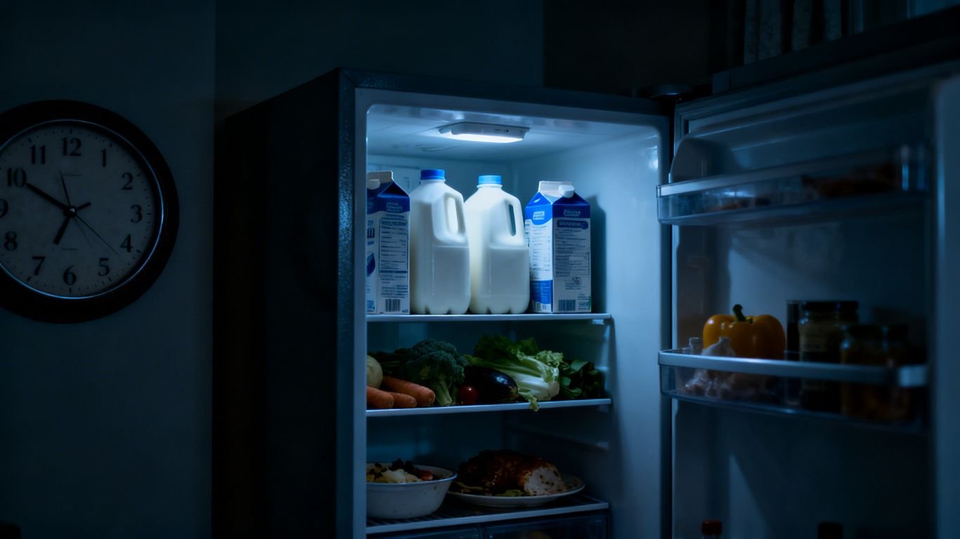 Frigo ouvert avec nourriture, horloge indiquant le temps.