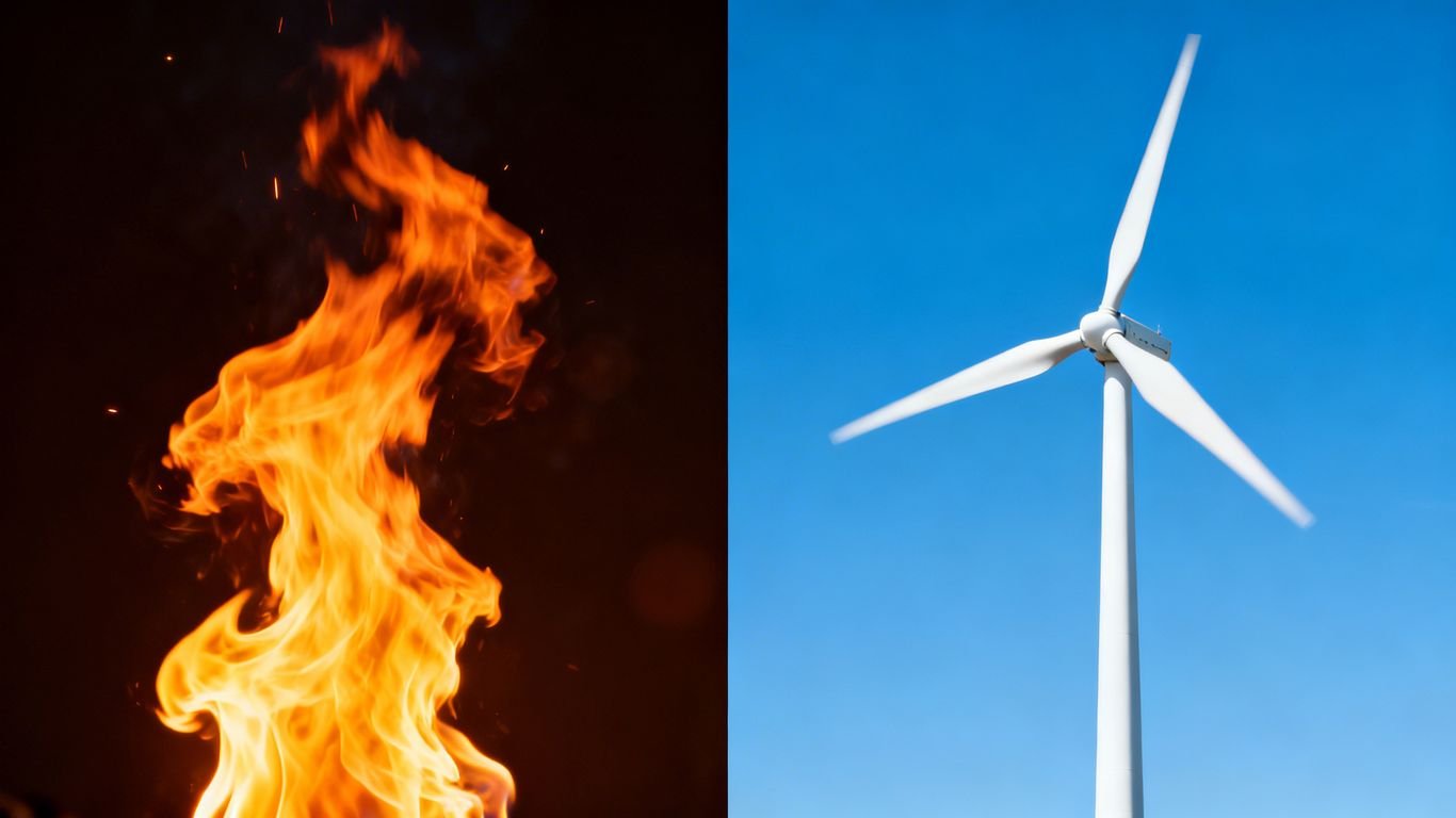 Flamme de gaz naturel et éolienne côte à côte.