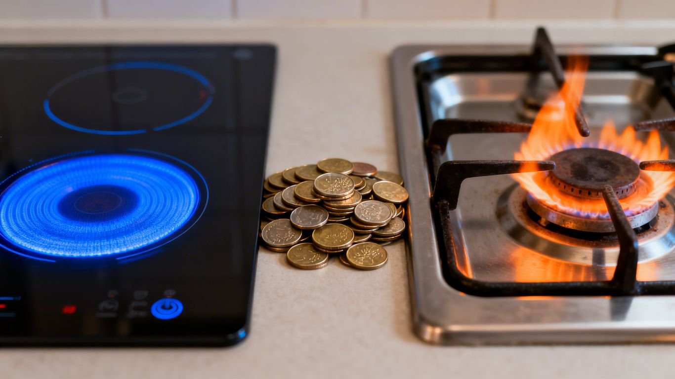 Plaque à induction et cuisinière à gaz avec des pièces de monnaie.