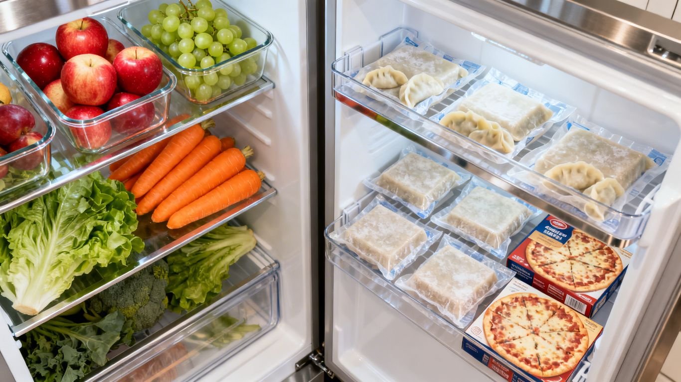 Réfrigérateur et congélateur ouverts avec aliments frais et congelés.