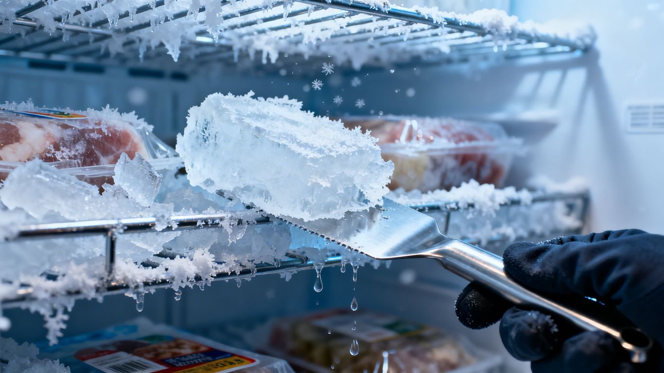 Givre dans un congélateur et outil pour le dégivrer.