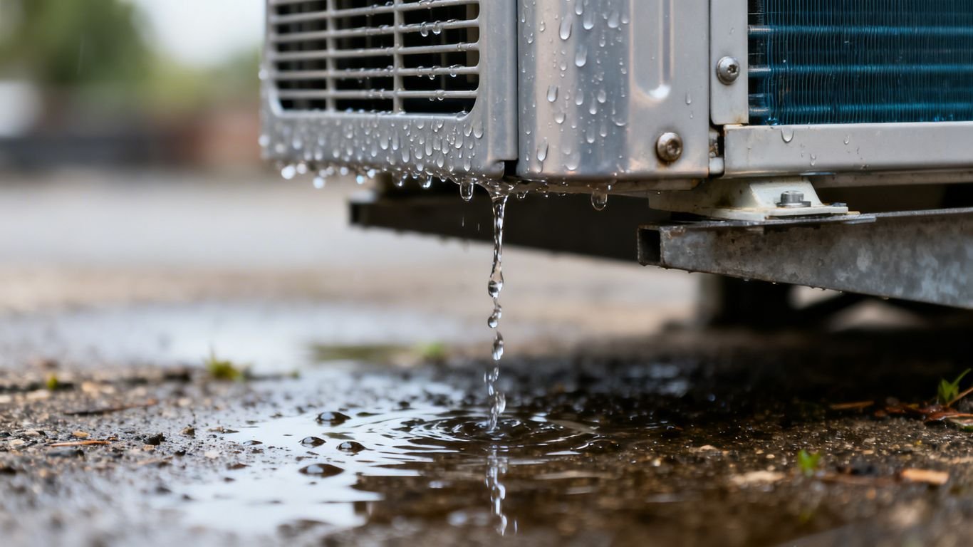 Gouttes d'eau tombant de l'unité extérieure d'une climatisation.