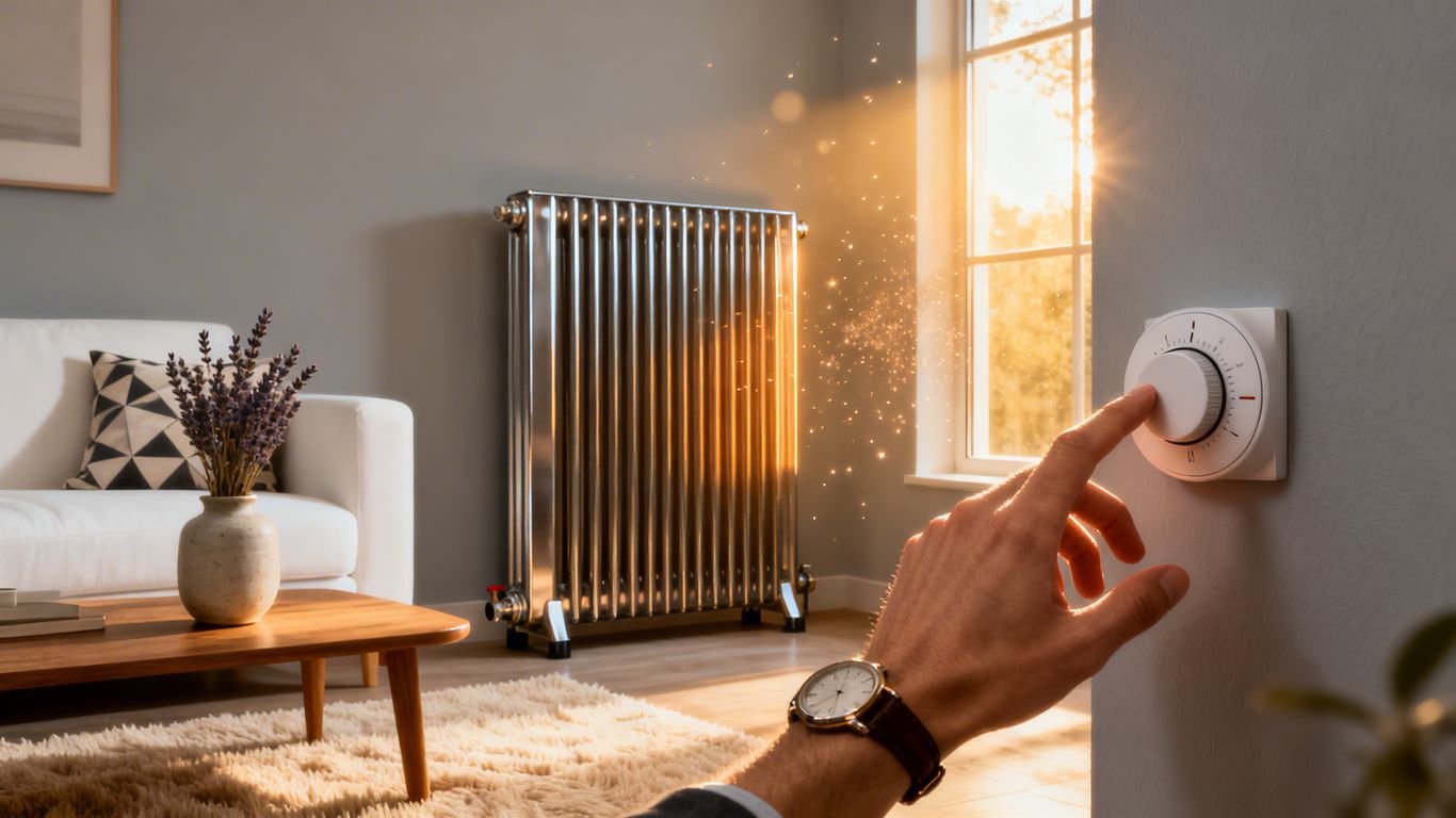 Radiateur électrique, thermostat, salon moderne, lumière du soleil.