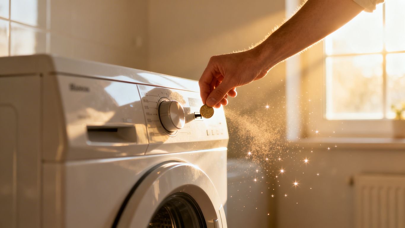 Machine à laver avec une main insérant une pièce.