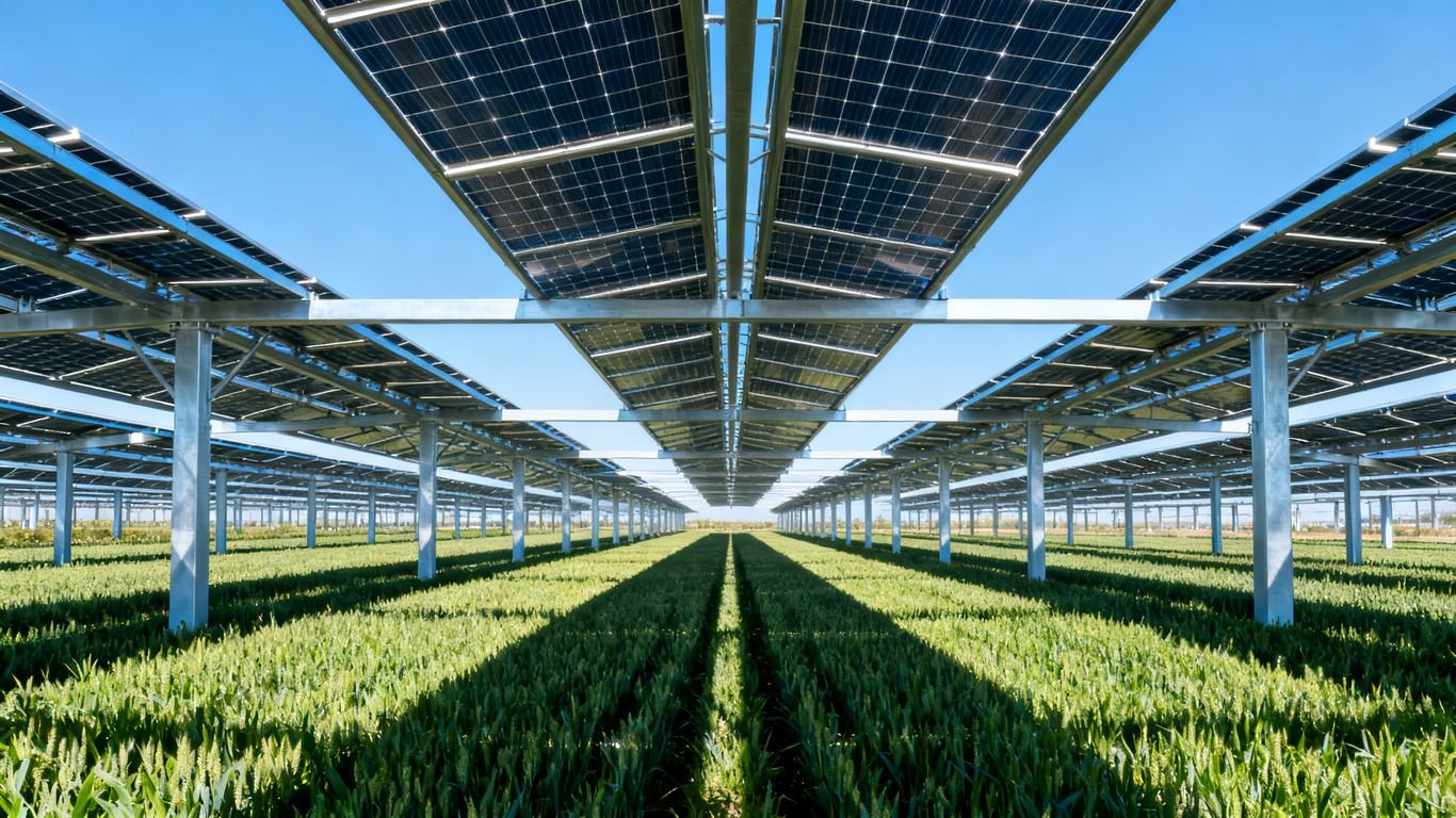 Ombrière photovoltaïque au-dessus d'un champ agricole.