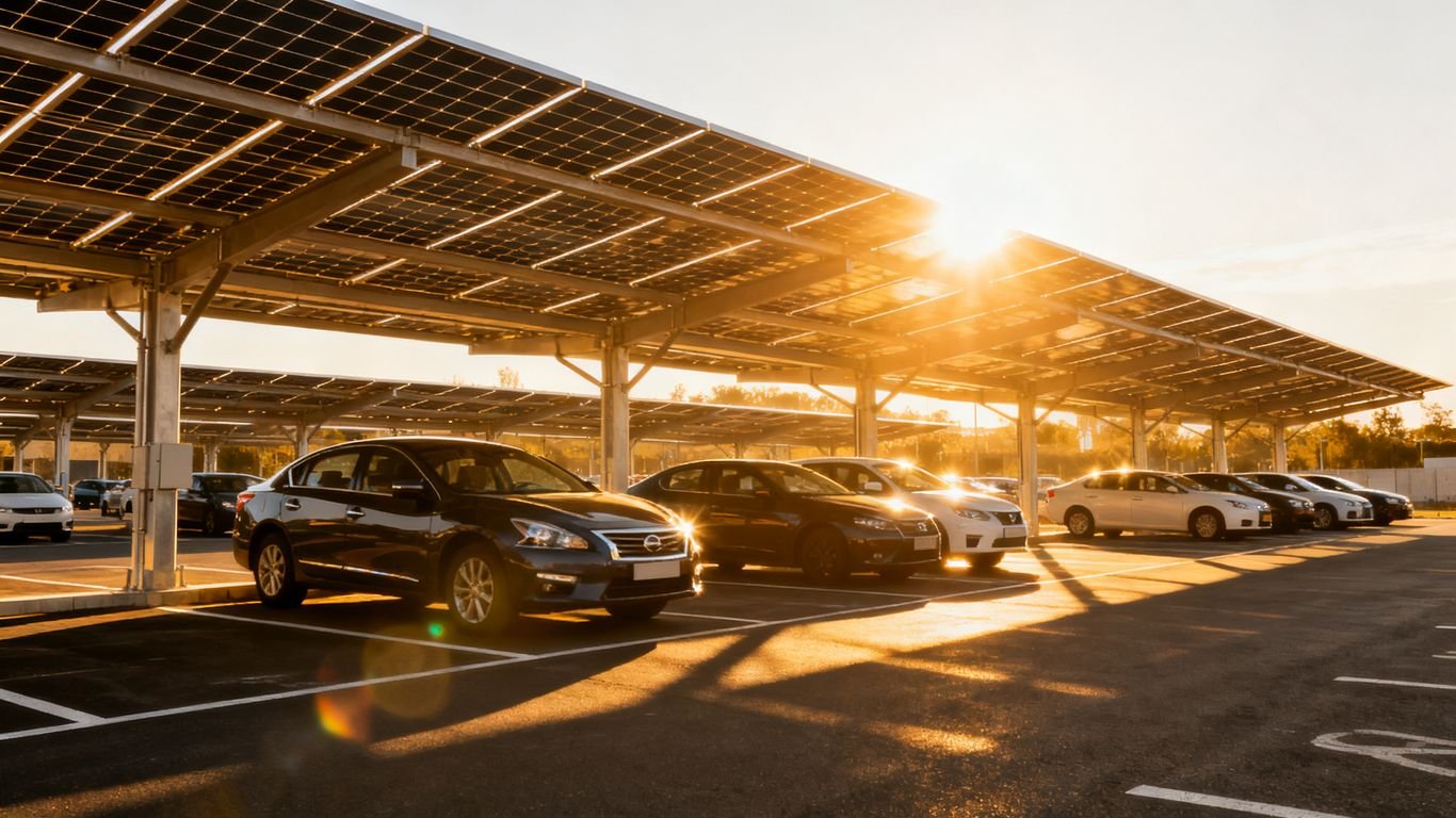 Panneaux solaires au-dessus d'un parking rempli de voitures.