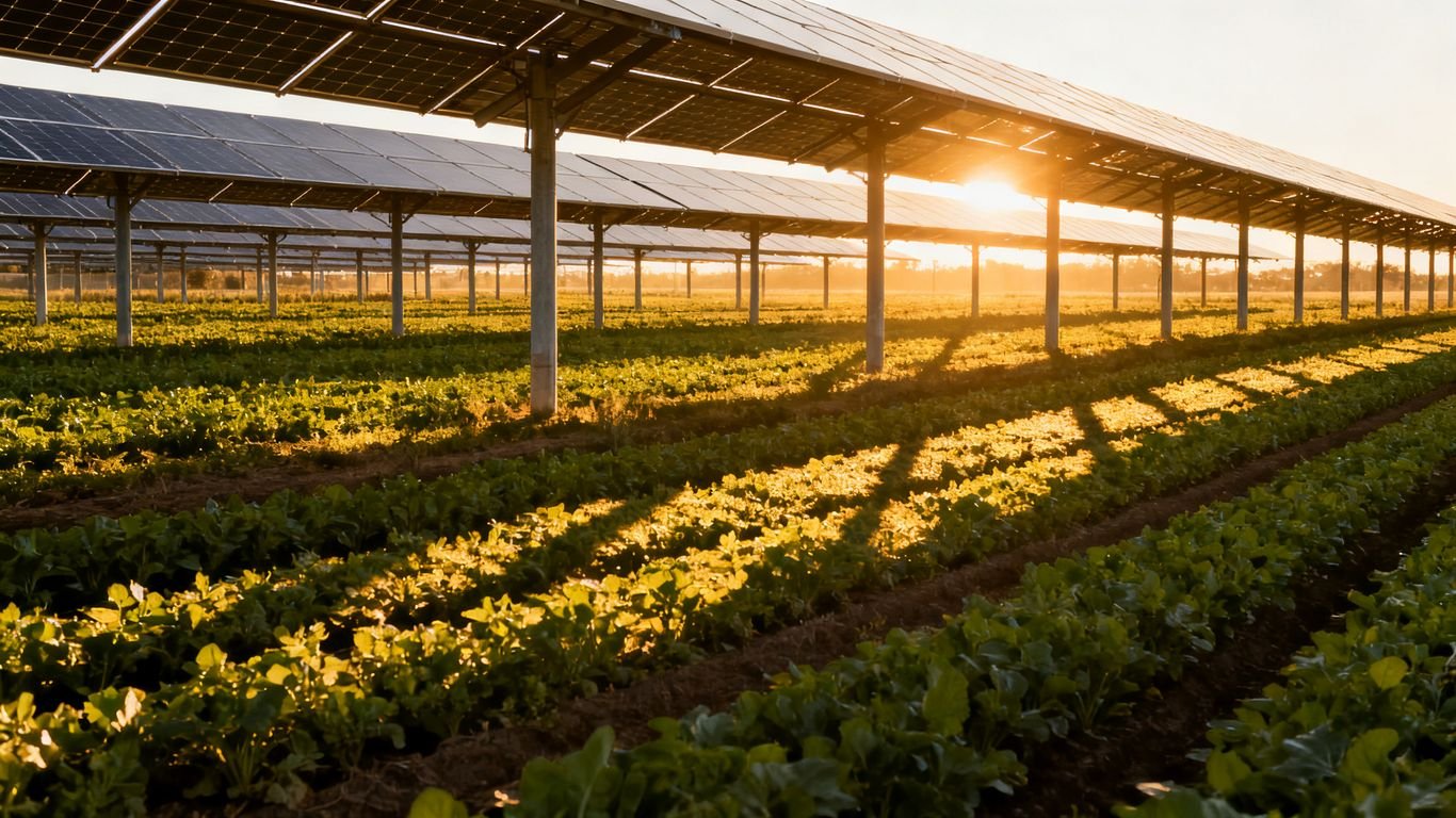 Panneaux solaires au-dessus des cultures agricoles sous le soleil.