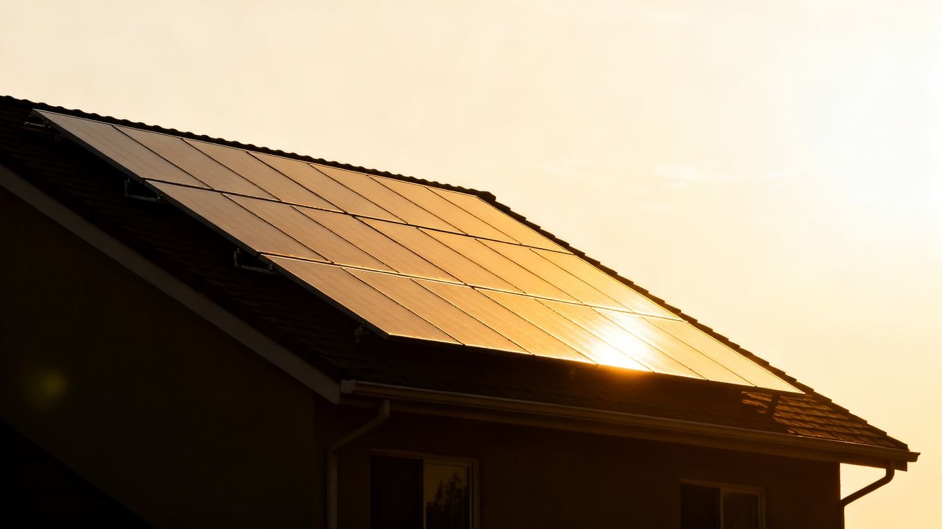 Panneaux solaires sur un toit avec une maison en dessous.