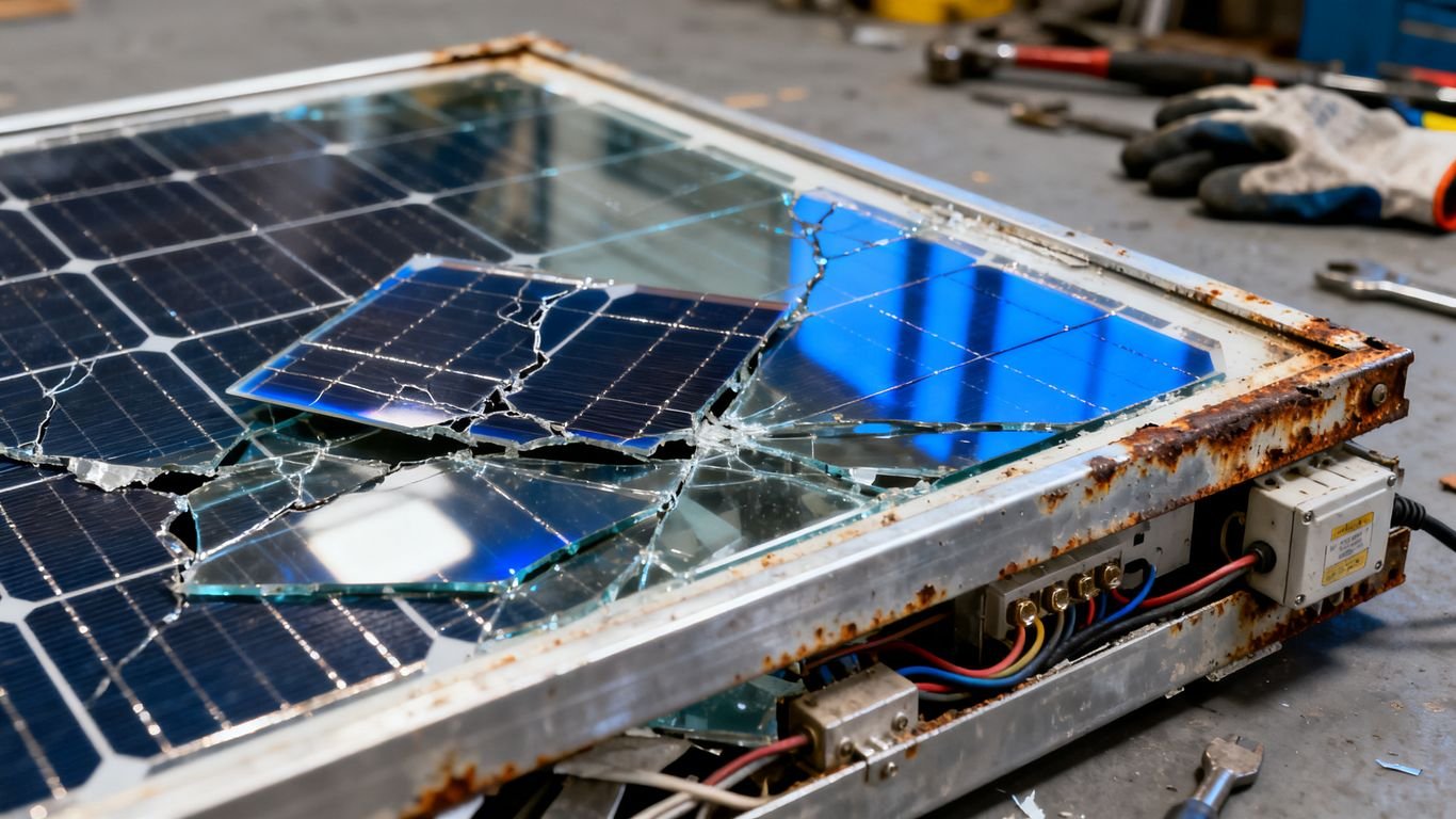 Panneau solaire démonté, matériaux recyclables visibles.