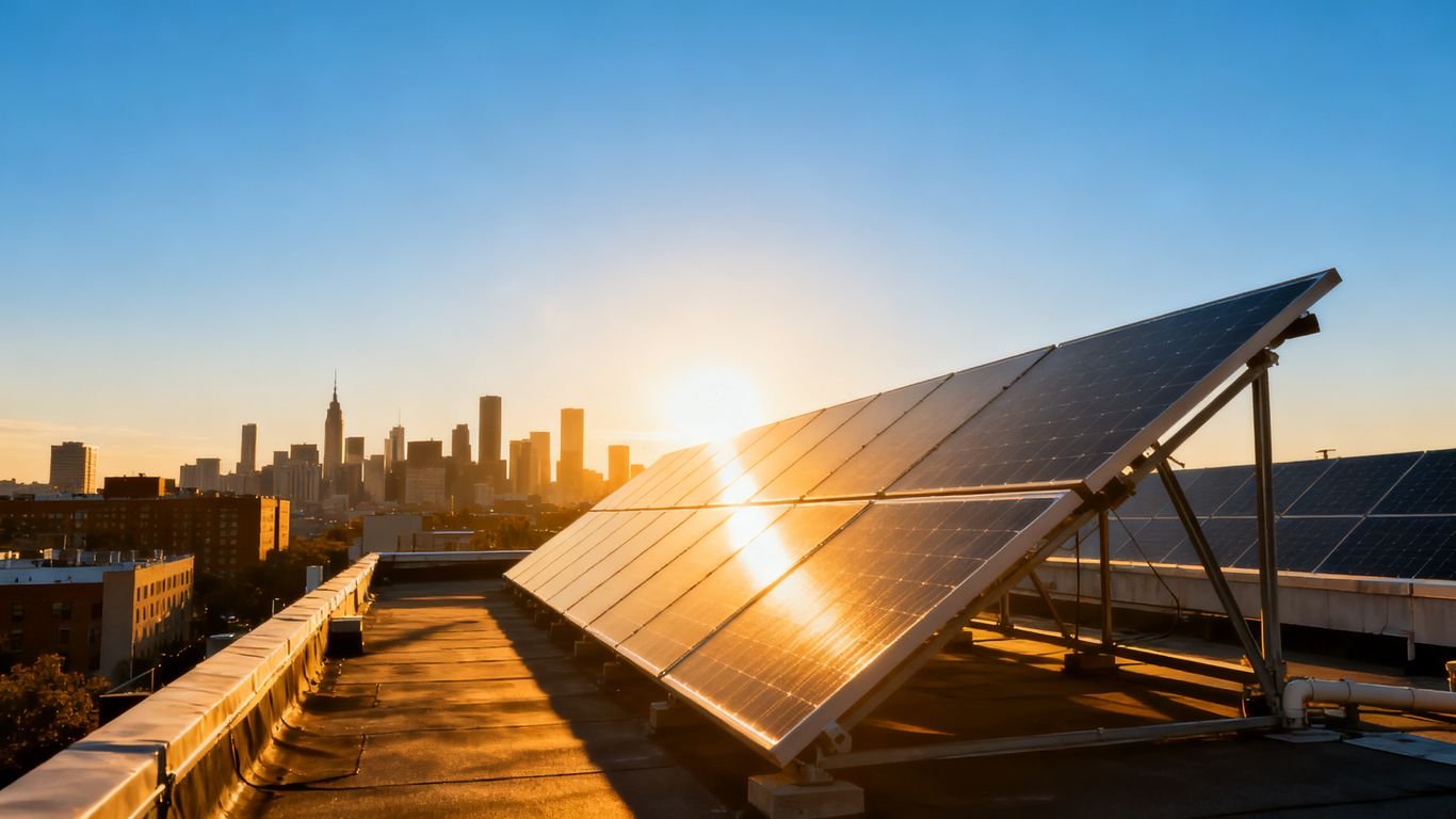 Panneaux solaires sur un toit avec vue sur la ville.